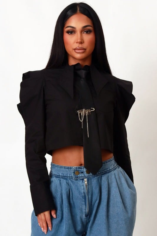 Image of Poplin Crop Shirt Top With Black Tie