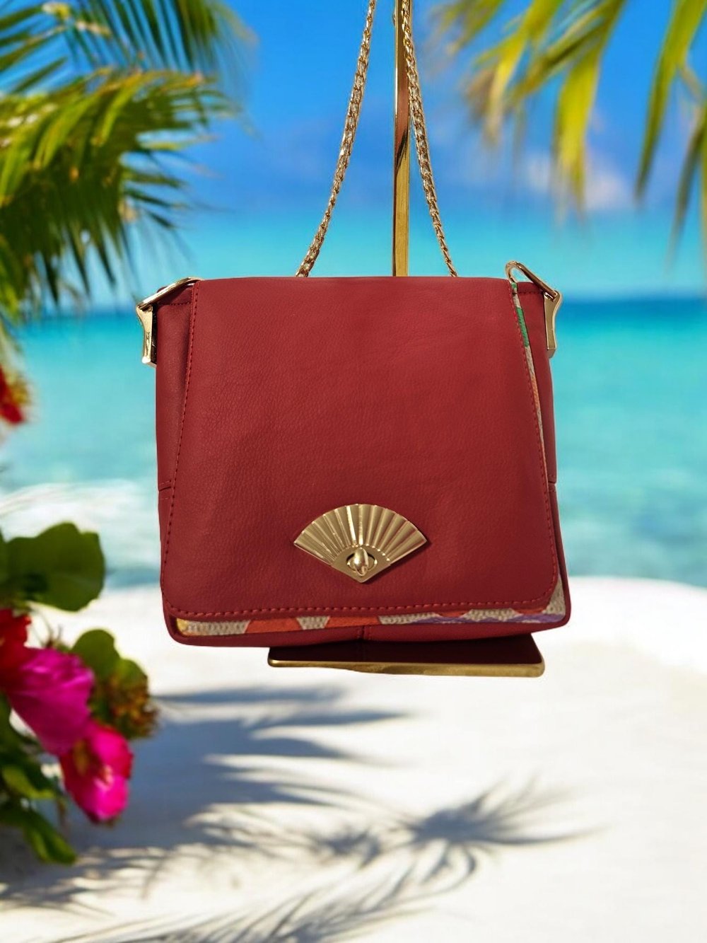 Image of Handmade Red Faux Leather Crossbody Bag: Gold Fan Accent