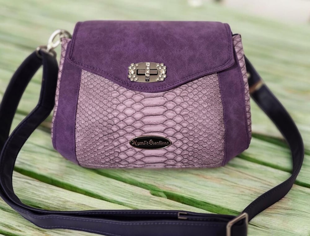 Image of Handmade Purple Croc Faux Leather Crossbody Bag: Rhinestone Lock