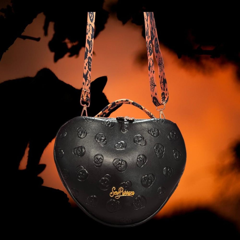 Image of Handmade skull heart shape crossbody bag, Halloween theme, gifts for her seasonal accessory