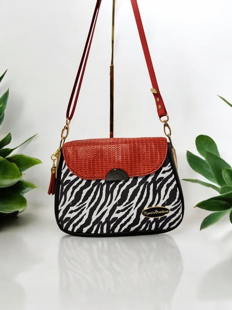 Image of Handmade Zebra Print Crossbody Bag: Red Flap Purse.