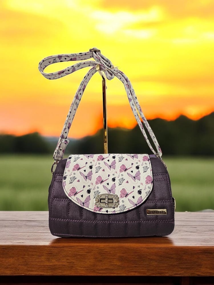Image of Handmade Quilted Faux Leather Crossbody Bag: Butterfly Print Flap