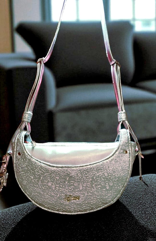 Image of Handmade Silver Crossbody – Half Moon Purse in Solid & Lace Faux Leather