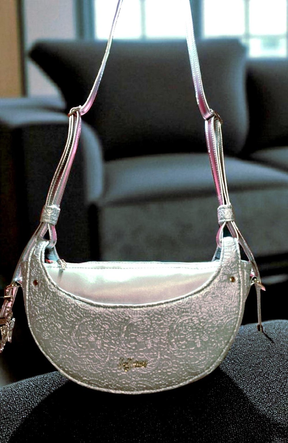 Image of Handmade Silver Crossbody – Half Moon Purse in Solid & Lace Faux Leather