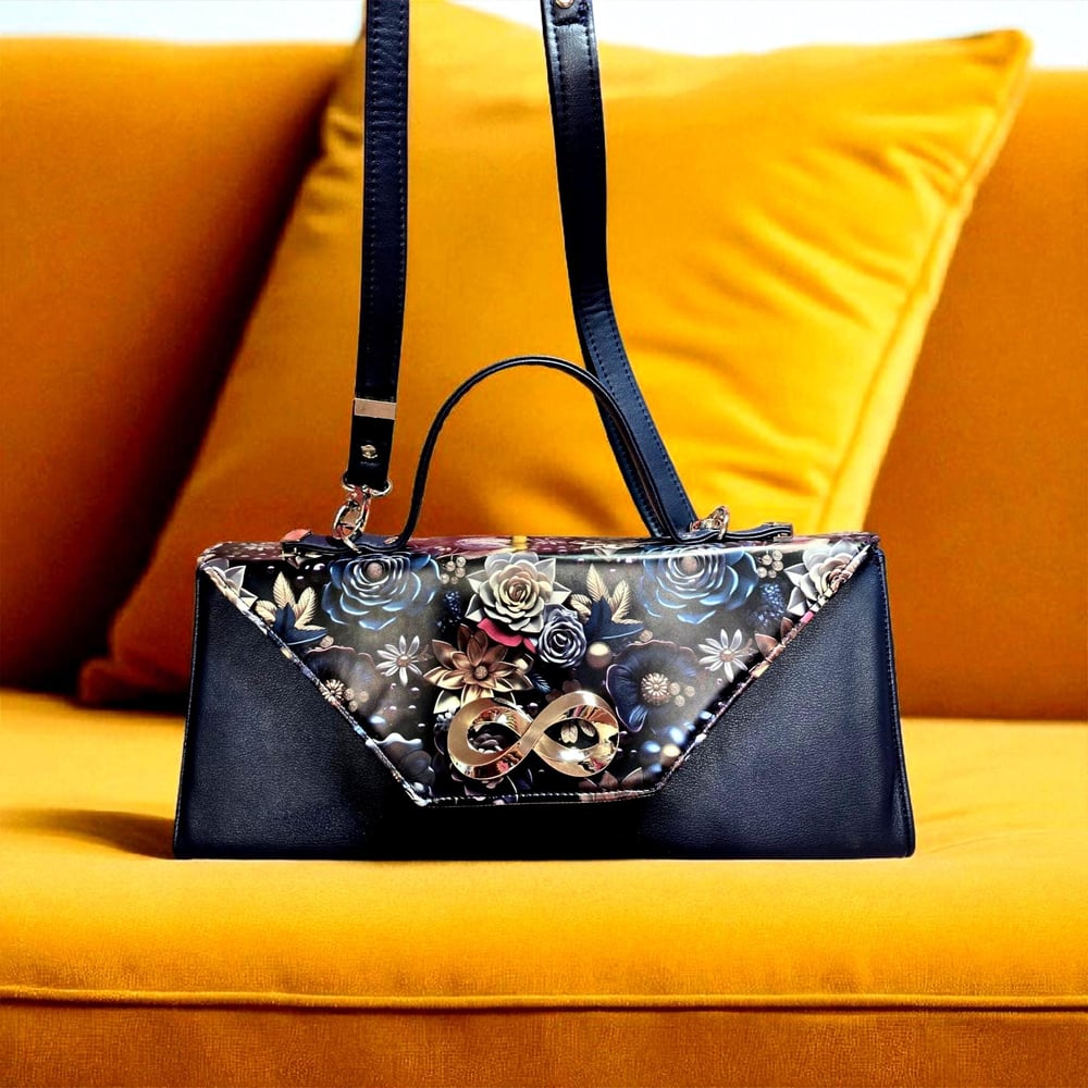 Image of Handmade Navy Faux Leather Crossbody Bag: Floral Accent, Zipper Pocket