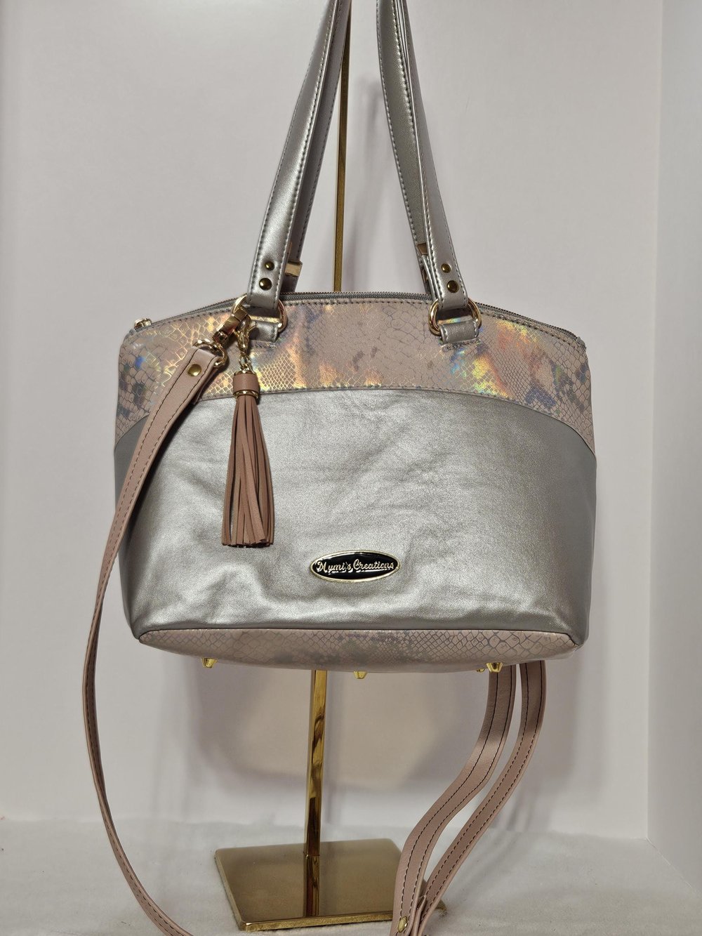 Image of Handmade Silver Snakeskin Crossbody Tote: Faux Leather Shoulder Bag