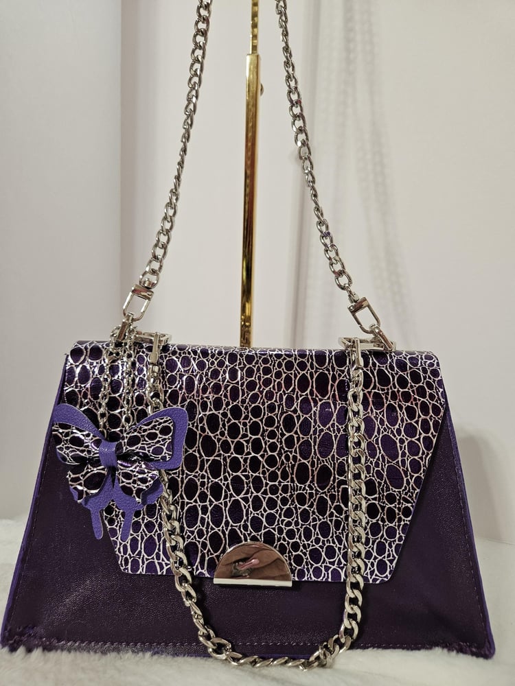 Image of Handmade Purple Croc Flap Crossbody Bag with Silver Chains