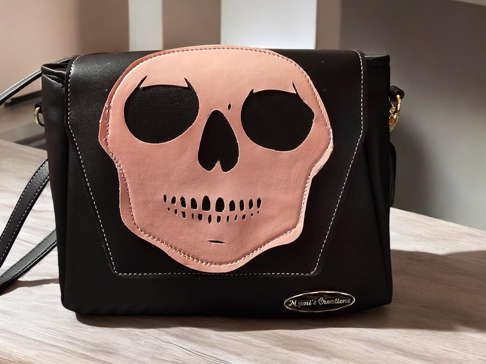 Image of Handmade crossbody shoulder bag Halloween theme skeleton head flap faux leather personalized
