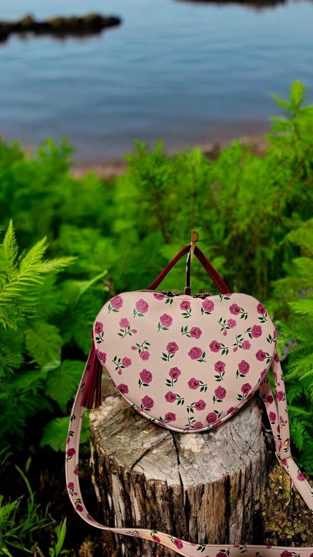 Image of Handmade Heart Crossbody Bag: Pink Roses Faux Leather Handbag