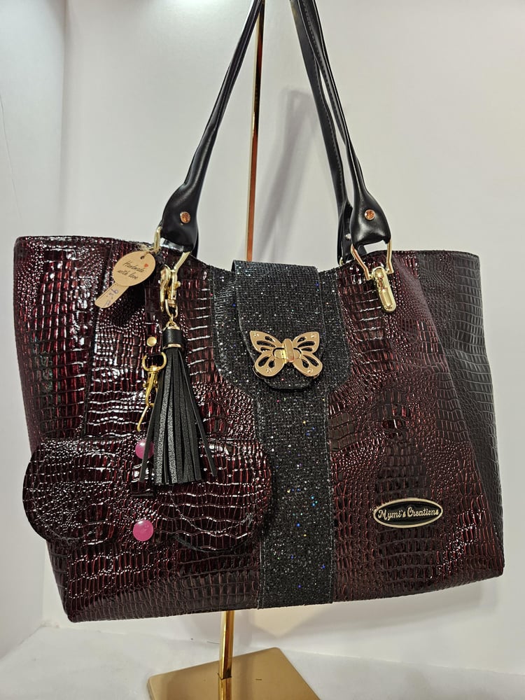 Image of Handmade Burgundy Croc Faux Leather Tote Bag with Tassel