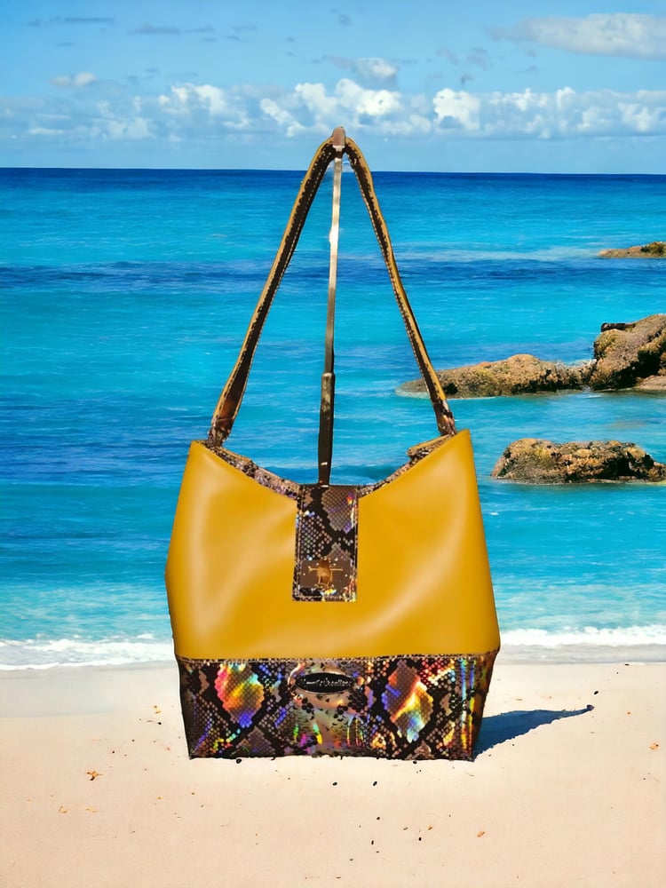 Image of Handmade shoulder bag purse yellow snakeskin accents faux leather Gifts for her Mother's Day
