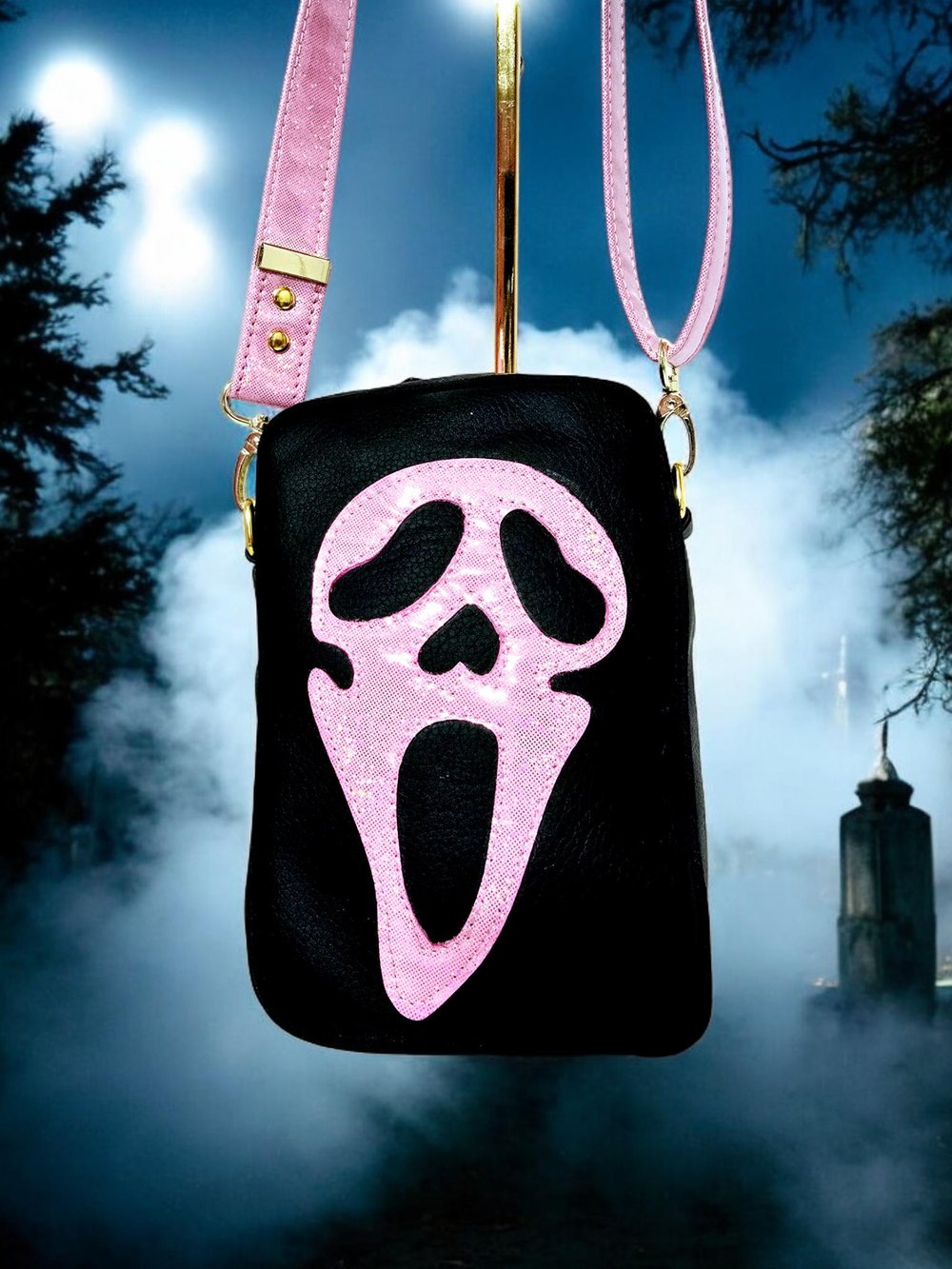 Image of Scream Mask Crossbody Bag: Pink Faux Leather Halloween Purse