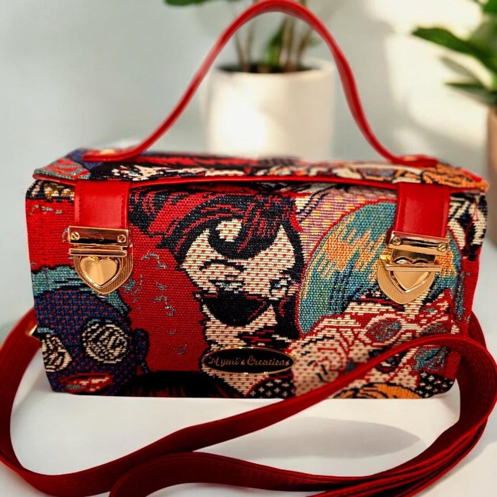 Image of Handmade Boxy Crossbody Bag: Bright Canvas & Red Faux Leather