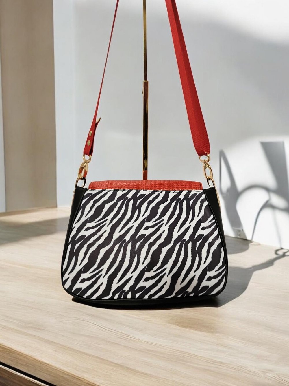 Image of Handmade Zebra Print Crossbody Bag: Red Flap Purse.