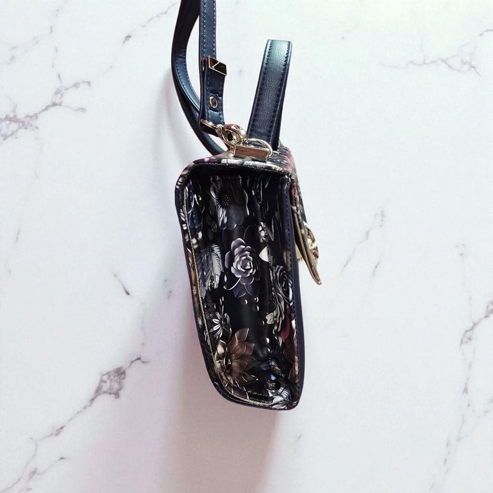 Image of Handmade Navy Faux Leather Crossbody Bag: Floral Accent, Zipper Pocket