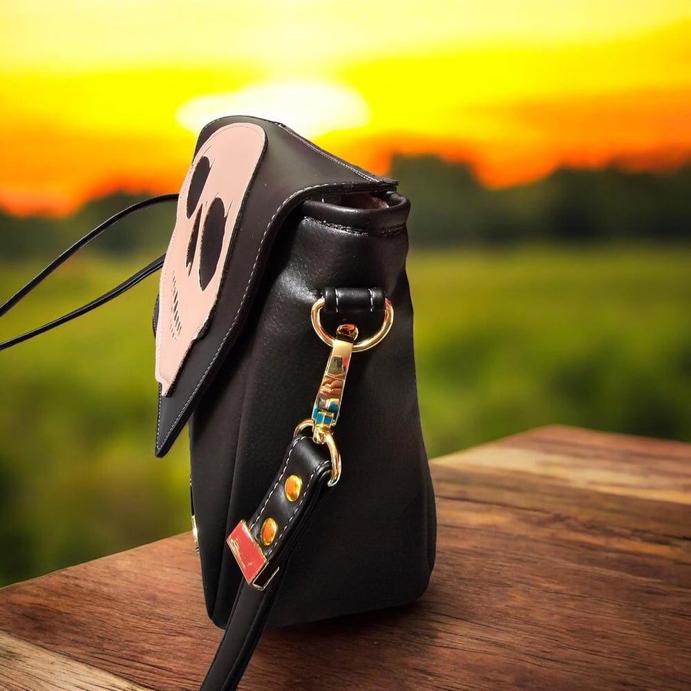 Image of Handmade crossbody shoulder bag Halloween theme skeleton head flap faux leather personalized