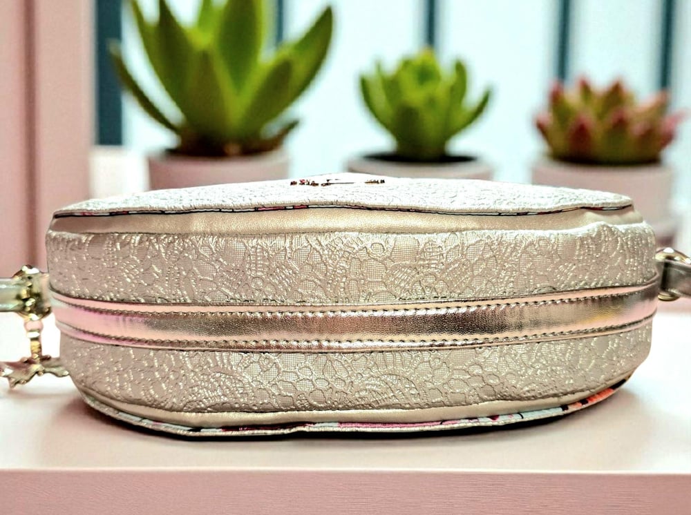 Image of Handmade Silver Crossbody – Half Moon Purse in Solid & Lace Faux Leather