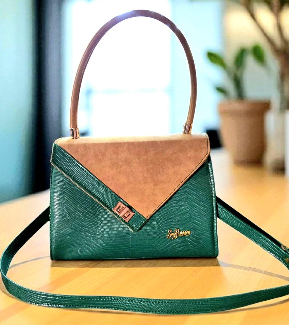 Image of Faux Croc Embossed Green Leather Crossbody Bag: Handmade Roomy Purse