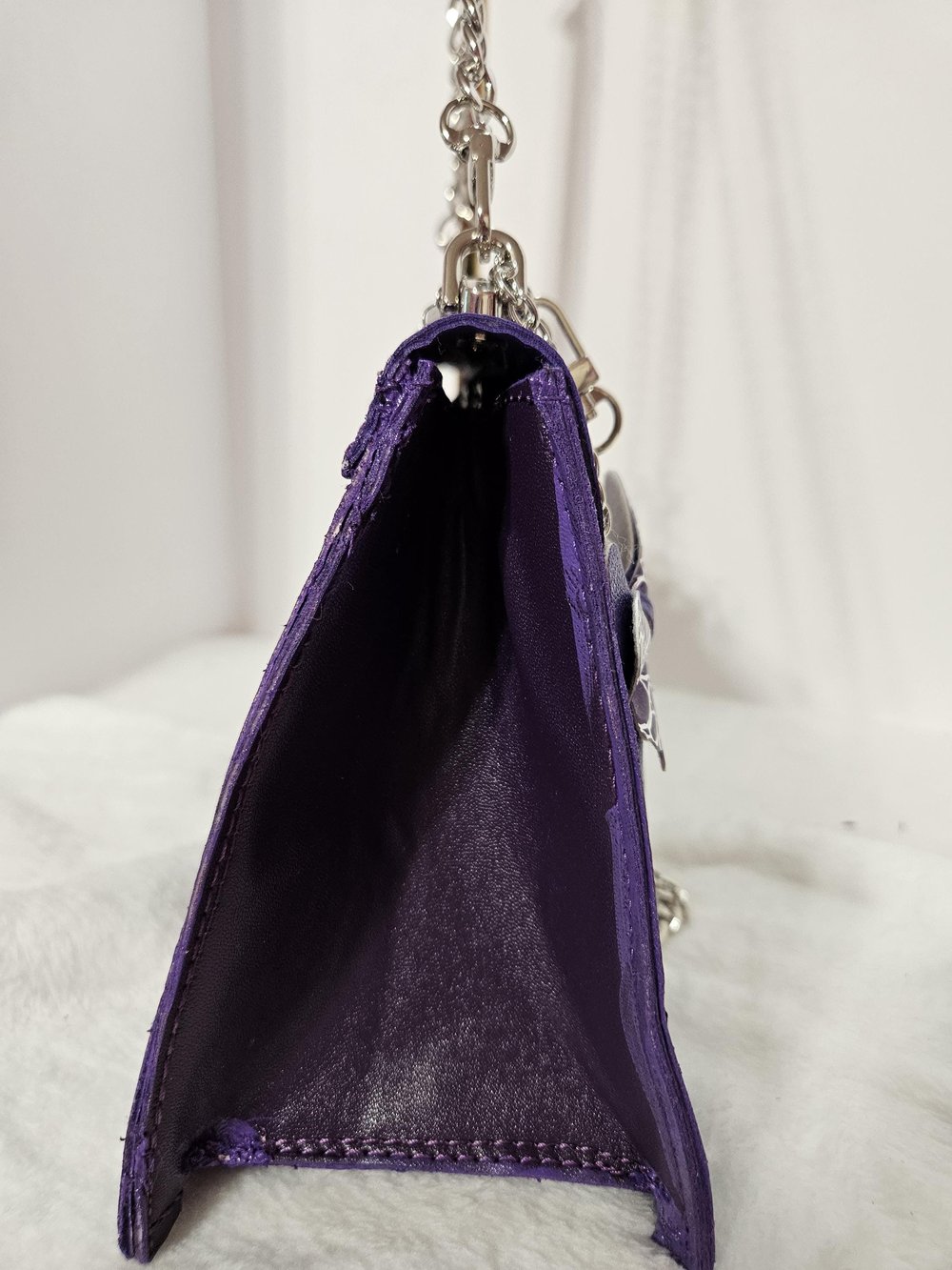 Image of Handmade Purple Croc Flap Crossbody Bag with Silver Chains