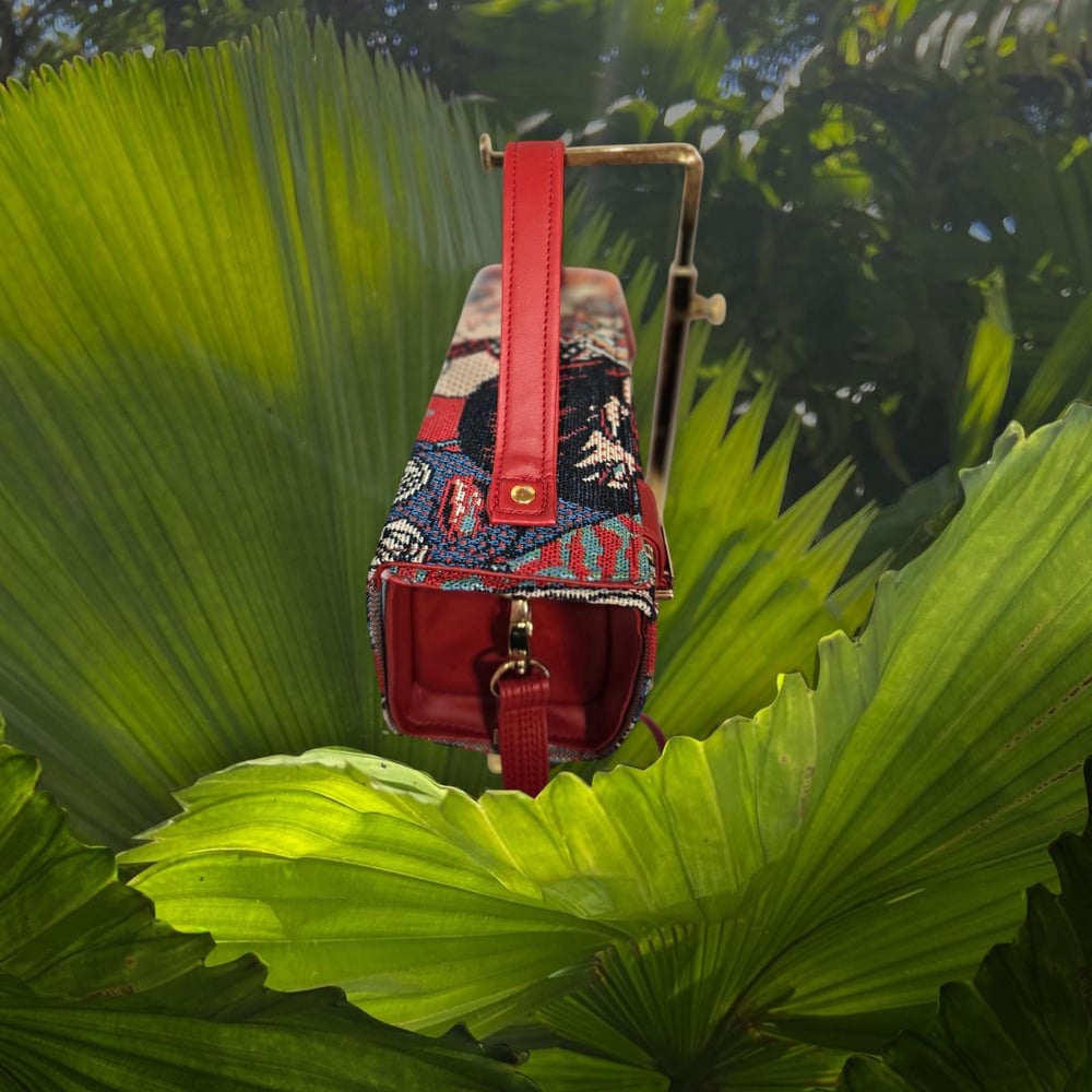 Image of Handmade Boxy Crossbody Bag: Bright Canvas & Red Faux Leather