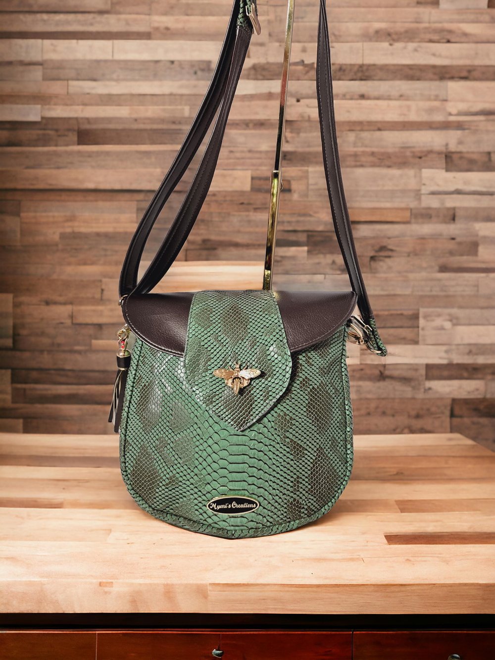 Image of Handmade Green Snakeskin Faux Leather Crossbody Bag