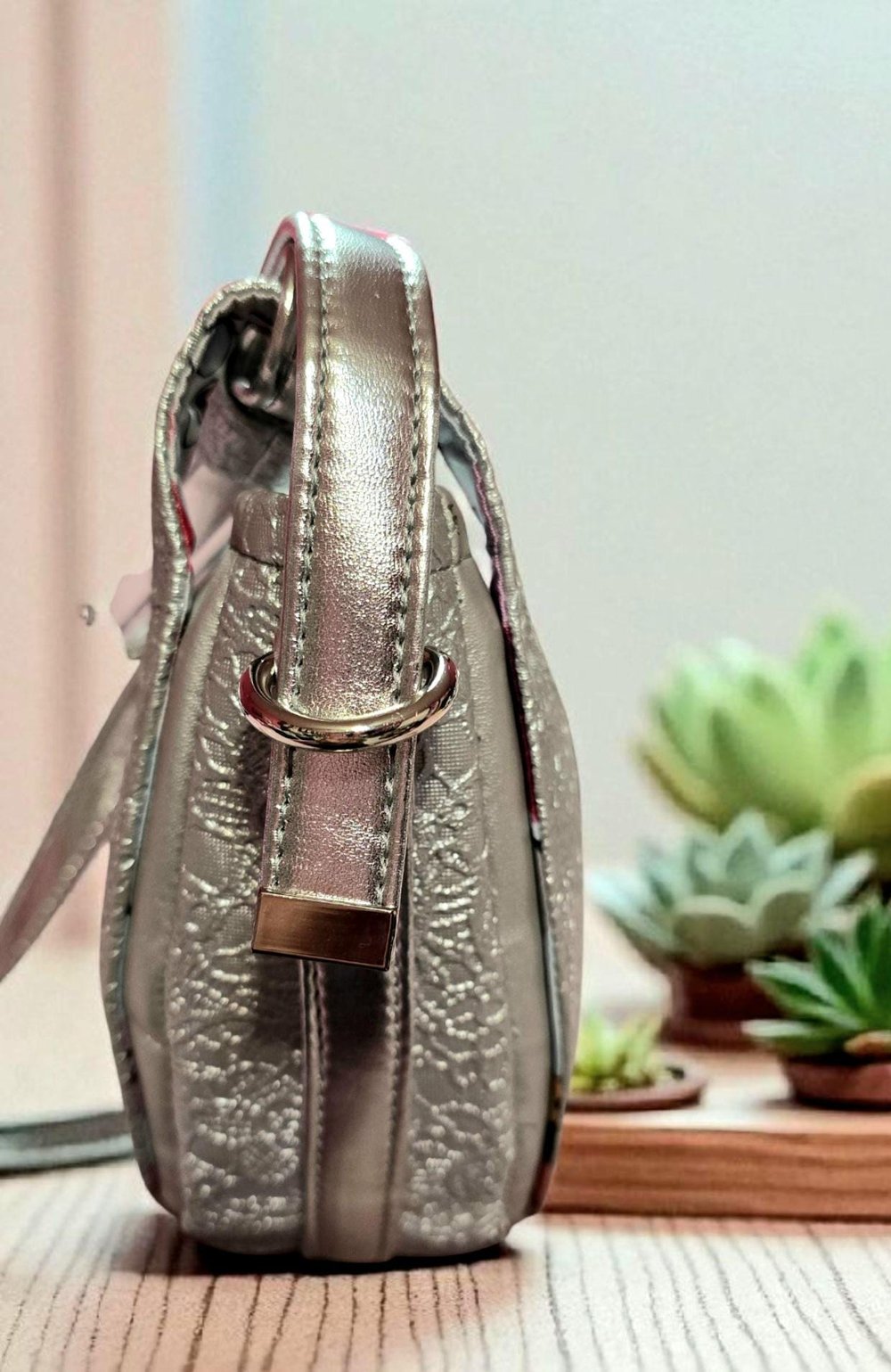 Image of Handmade Silver Crossbody – Half Moon Purse in Solid & Lace Faux Leather