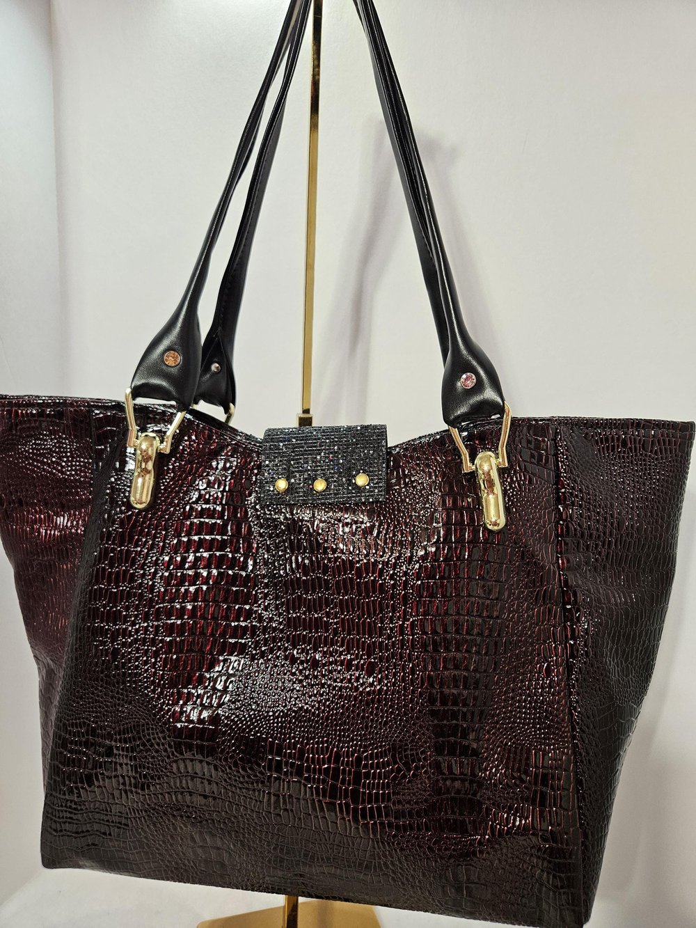 Image of Handmade Burgundy Croc Faux Leather Tote Bag with Tassel