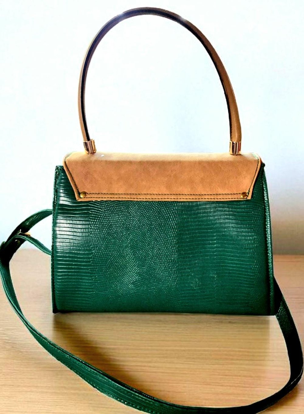 Image of Faux Croc Embossed Green Leather Crossbody Bag: Handmade Roomy Purse