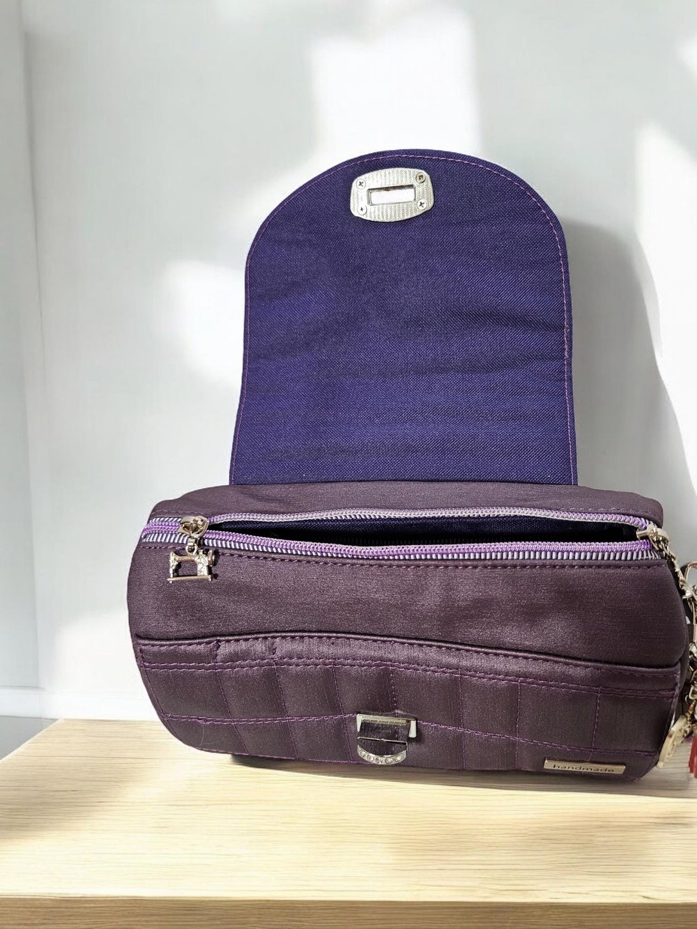 Image of Handmade Quilted Faux Leather Crossbody Bag: Butterfly Print Flap