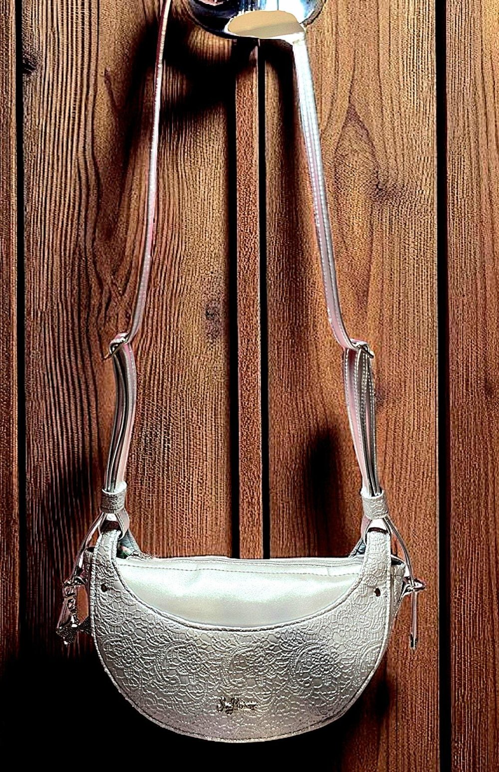 Image of Handmade Silver Crossbody – Half Moon Purse in Solid & Lace Faux Leather