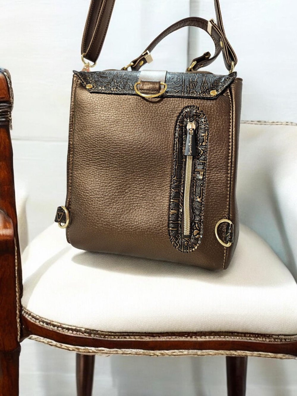 Image of Handmade Copper Faux Leather Crossbody Bag: Egyptian Flap Backpack