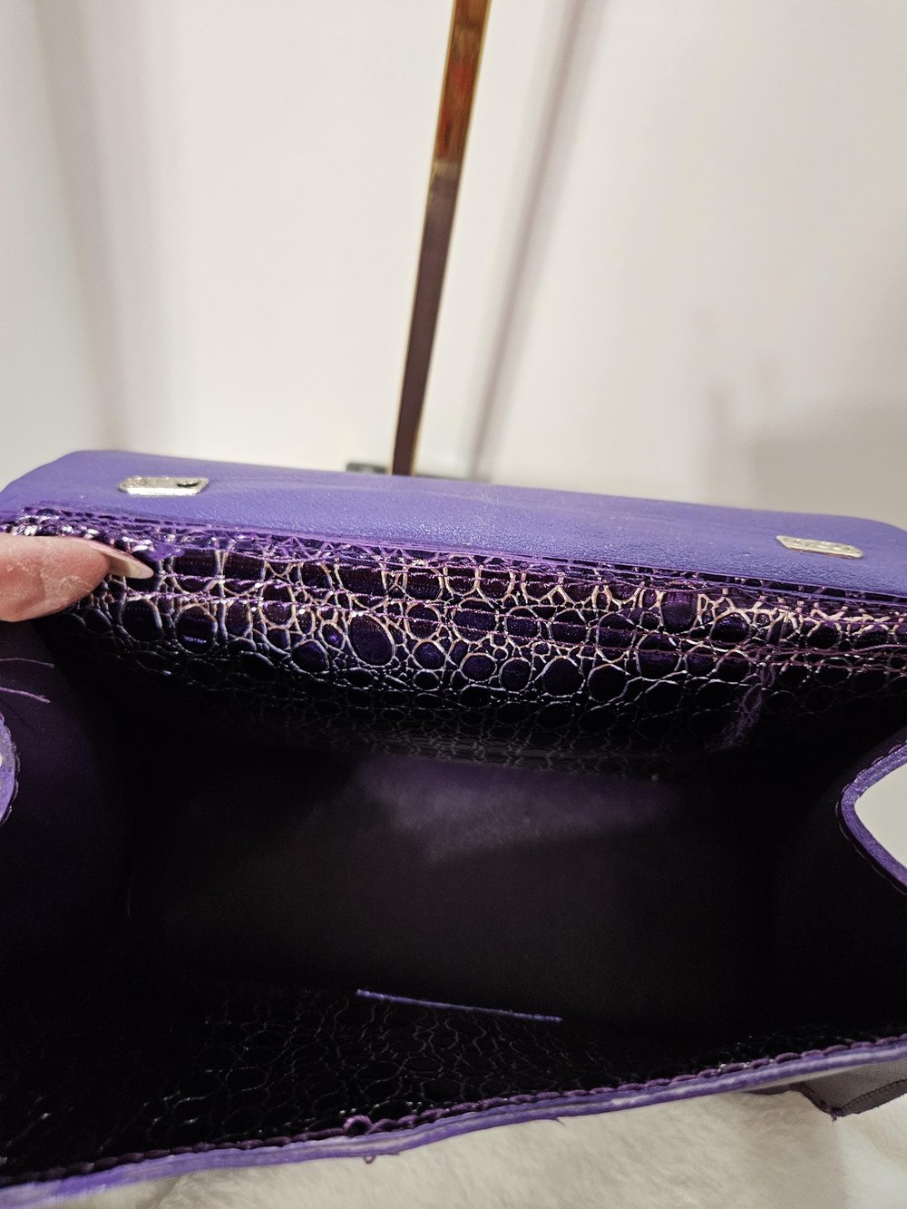 Image of Handmade Purple Croc Flap Crossbody Bag with Silver Chains