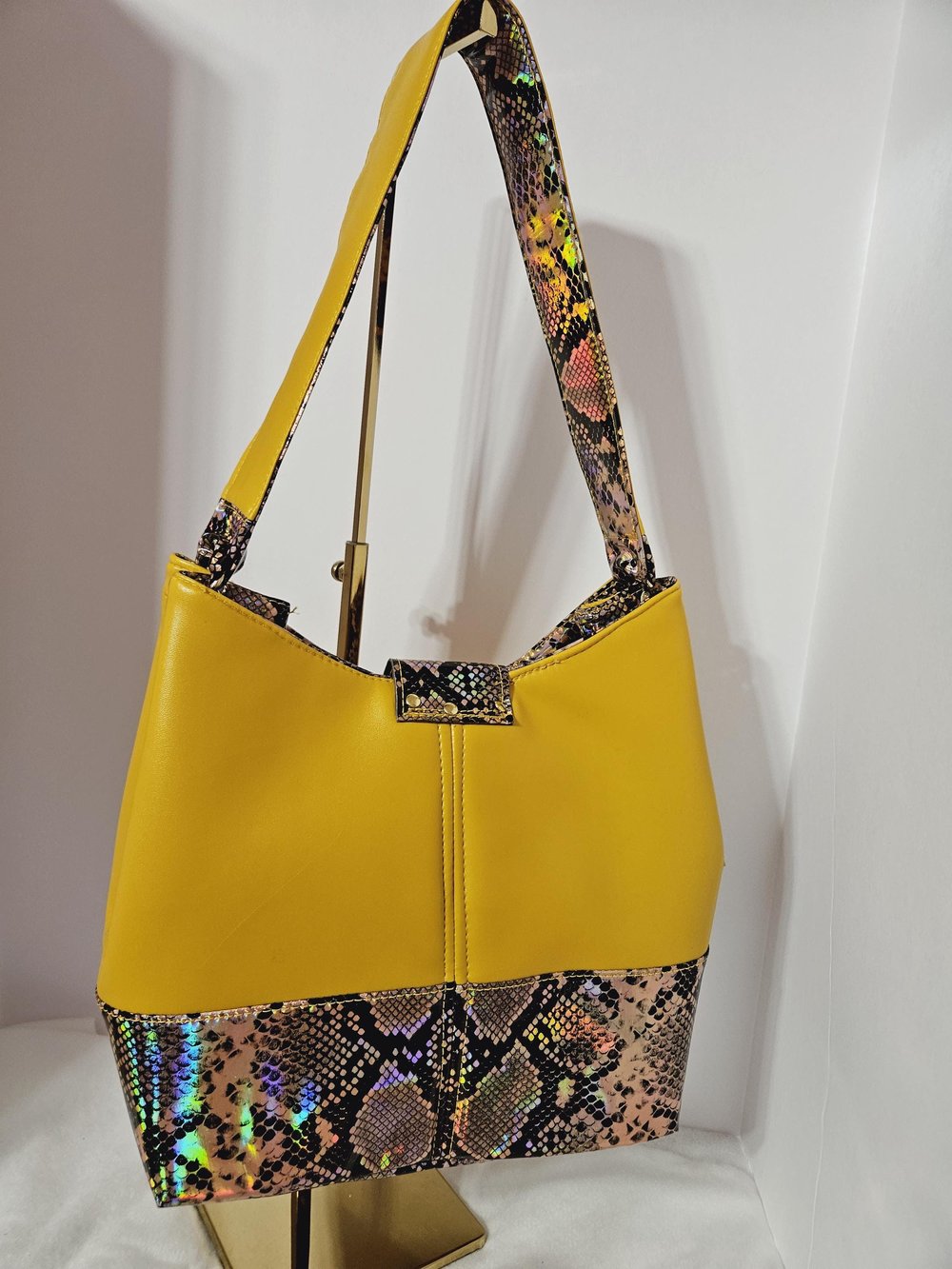 Image of Handmade shoulder bag purse yellow snakeskin accents faux leather Gifts for her Mother's Day