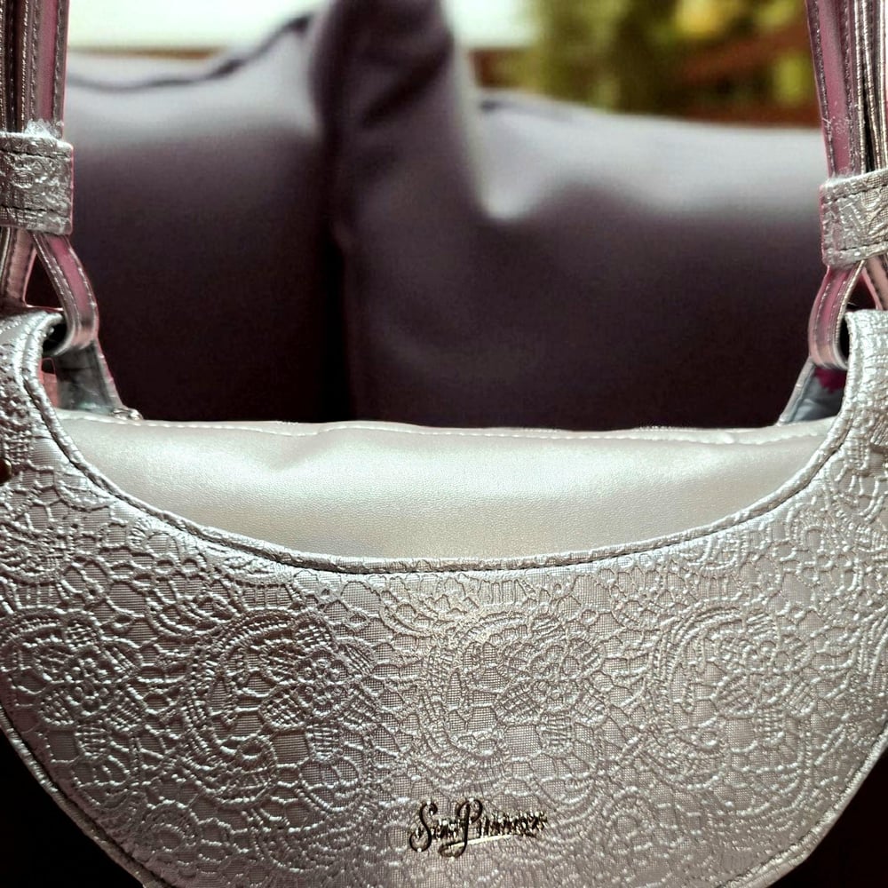 Image of Handmade Silver Crossbody – Half Moon Purse in Solid & Lace Faux Leather