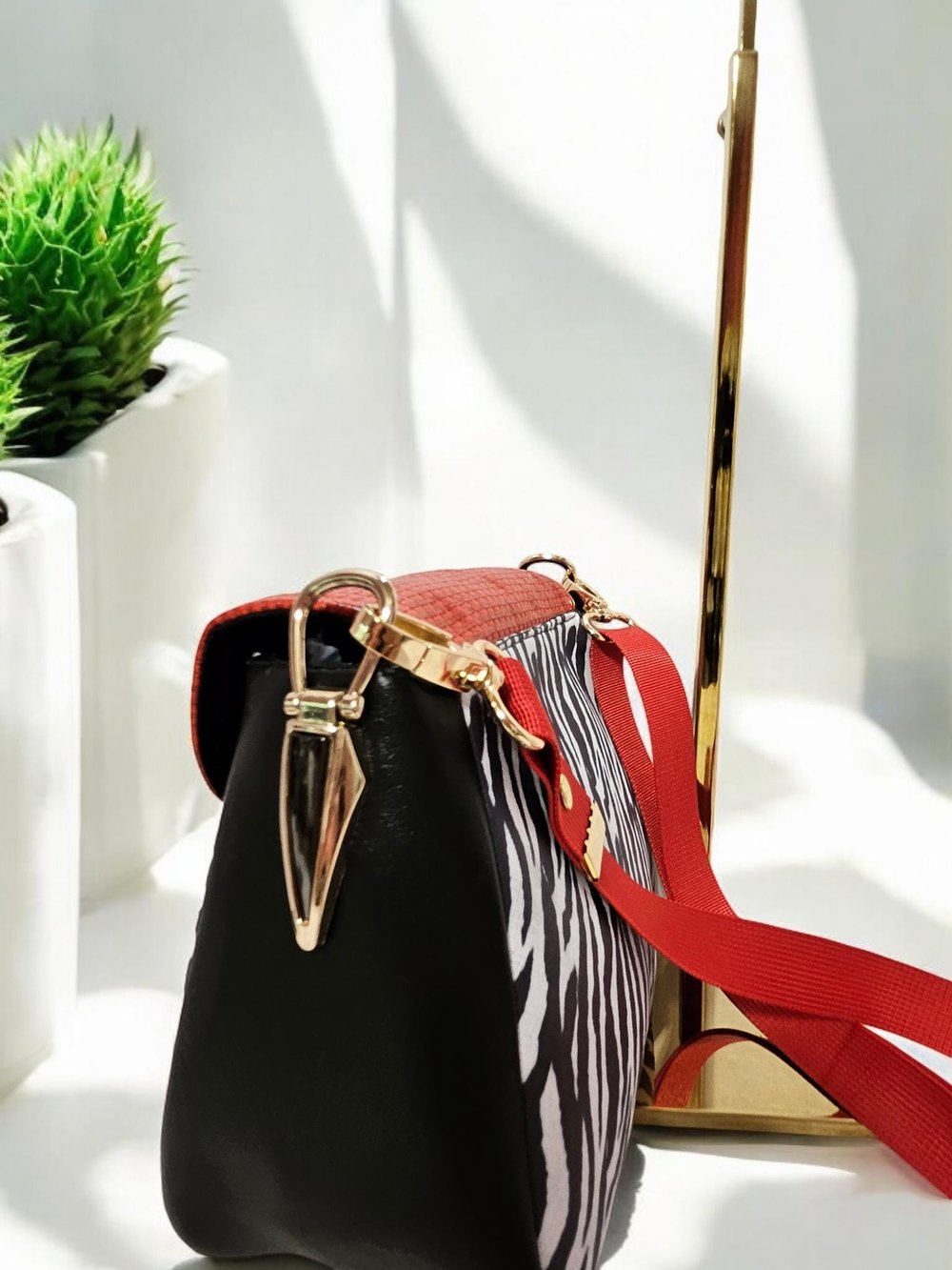 Image of Handmade Zebra Print Crossbody Bag: Red Flap Purse.