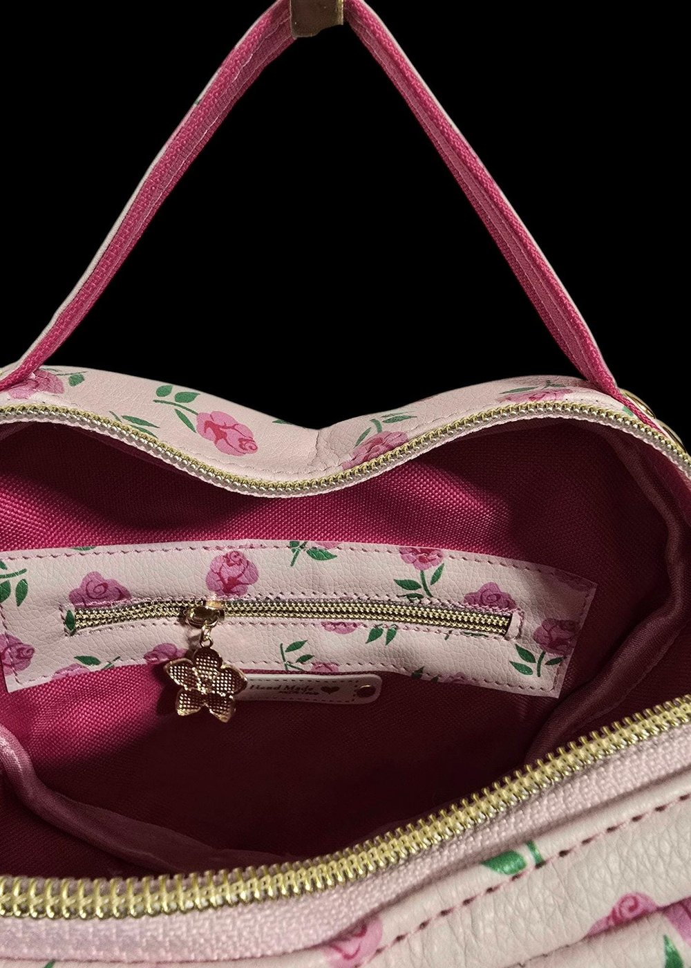 Image of Handmade Heart Crossbody Bag: Pink Roses Faux Leather Handbag