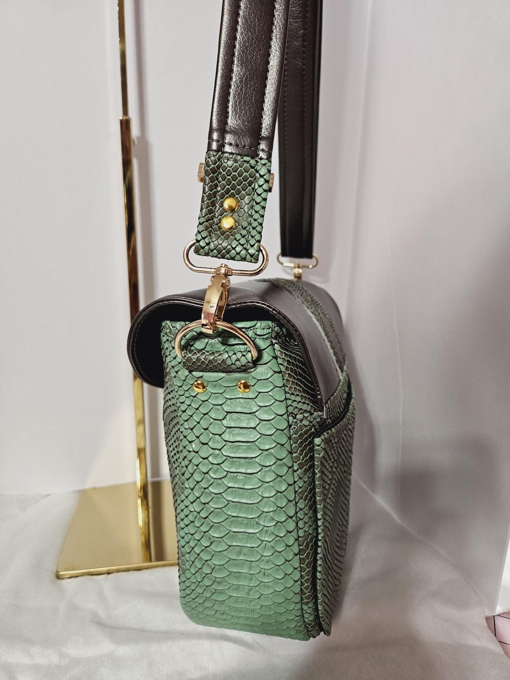 Image of Handmade Green Snakeskin Faux Leather Crossbody Bag