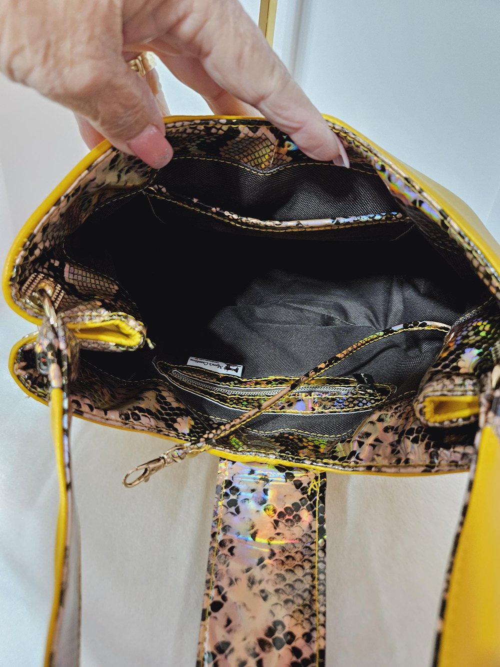 Image of Handmade shoulder bag purse yellow snakeskin accents faux leather Gifts for her Mother's Day