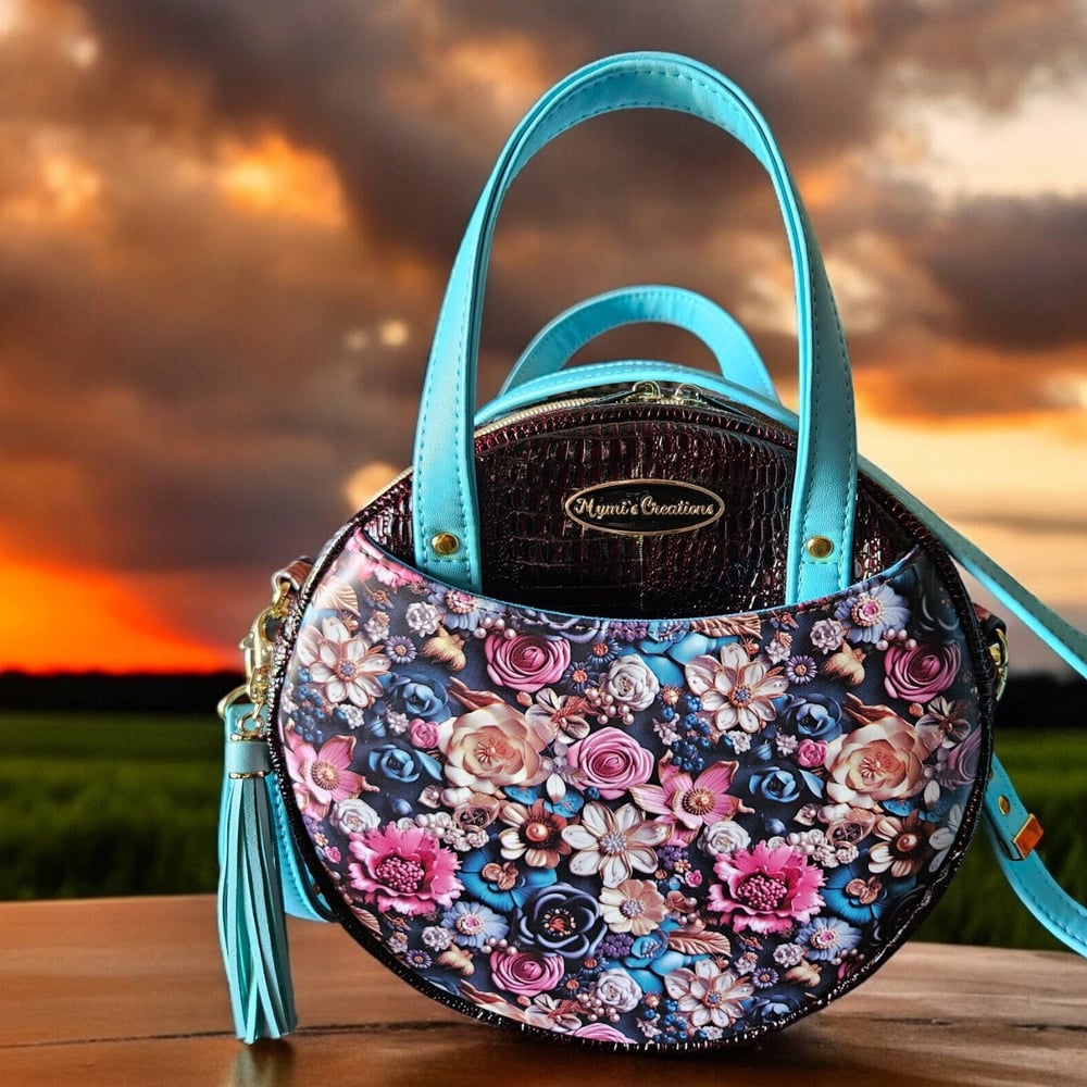 Image of Handmade Floral Round Crossbody Bag: Wine Croc Print Vinyl
