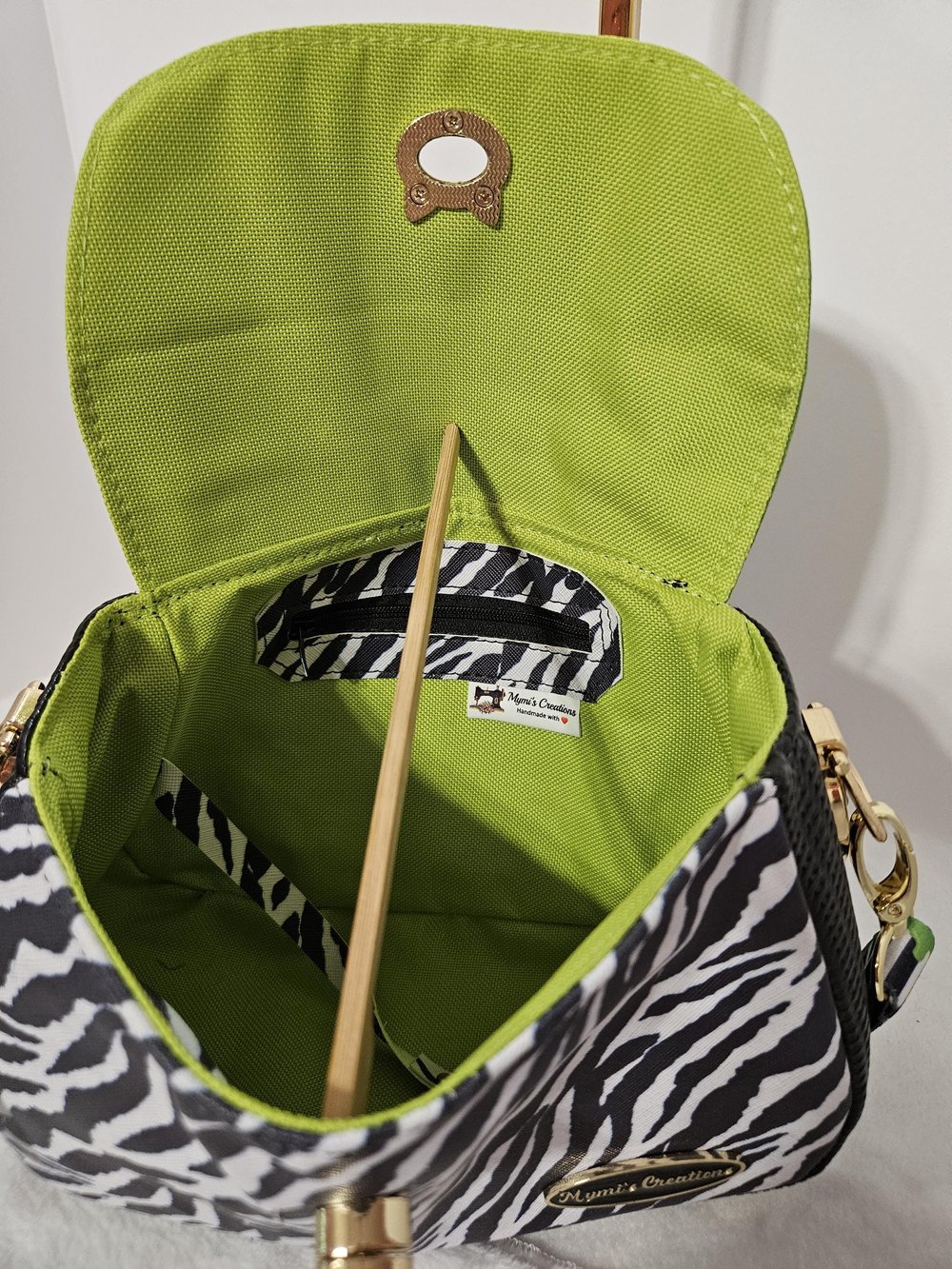 Image of Handmade Zebra Print Crossbody Bag: Green Faux Leather, Beetle Juice Strap