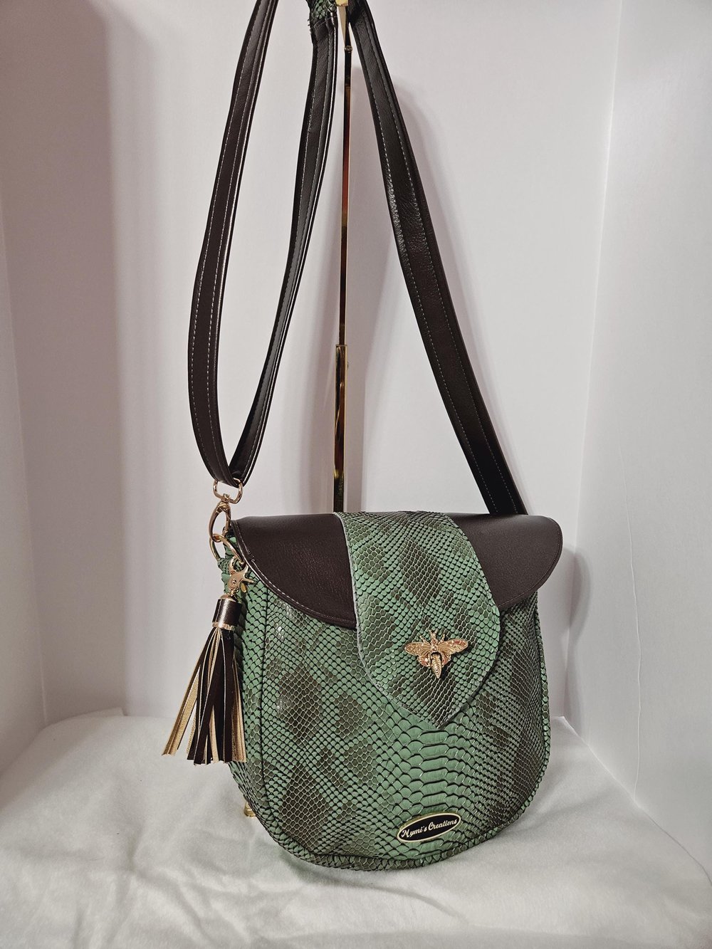 Image of Handmade Green Snakeskin Faux Leather Crossbody Bag