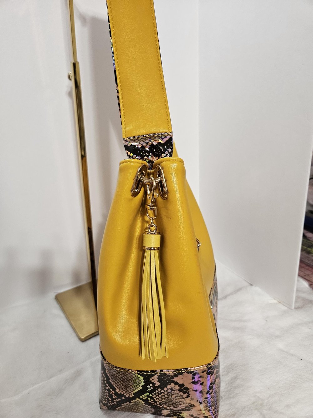 Image of Handmade shoulder bag purse yellow snakeskin accents faux leather Gifts for her Mother's Day