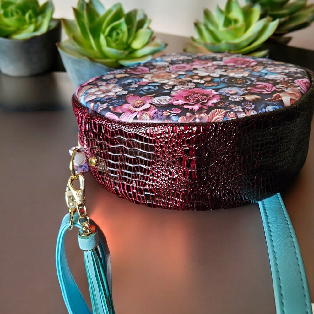 Image of Handmade Floral Round Crossbody Bag: Wine Croc Print Vinyl
