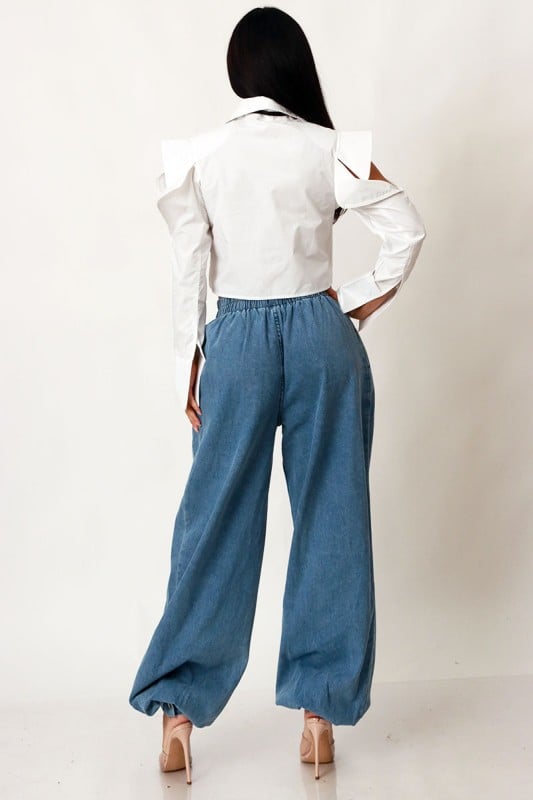 Image of Poplin Crop Shirt Top With Black Tie (white)