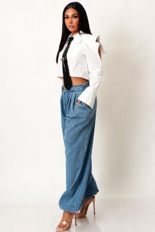 Image of Poplin Crop Shirt Top With Black Tie (white)