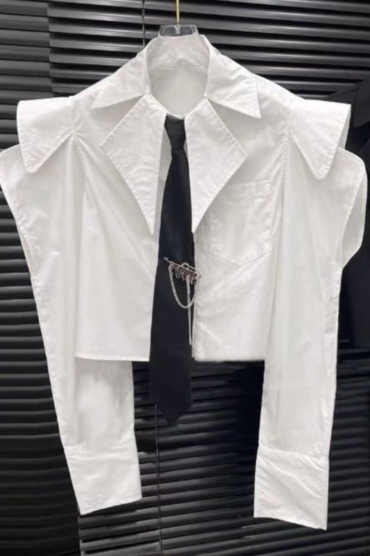 Image of Poplin Crop Shirt Top With Black Tie (white)
