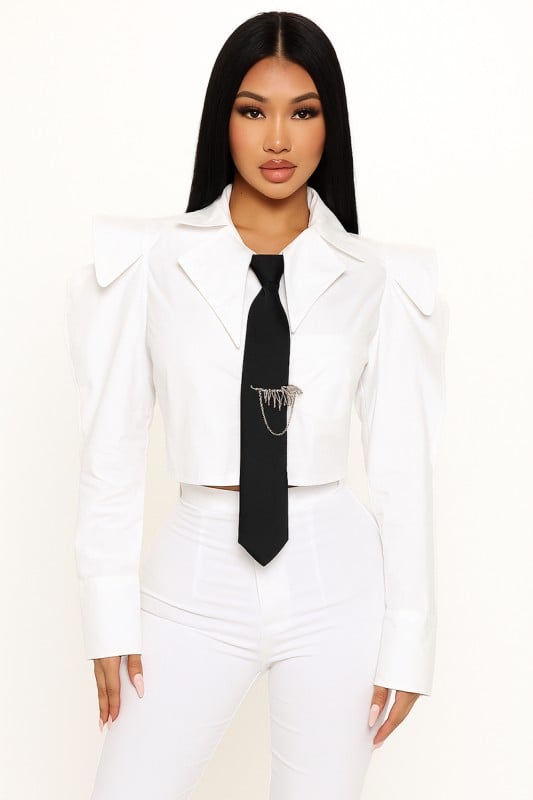 Image of Poplin Crop Shirt Top With Black Tie (white)