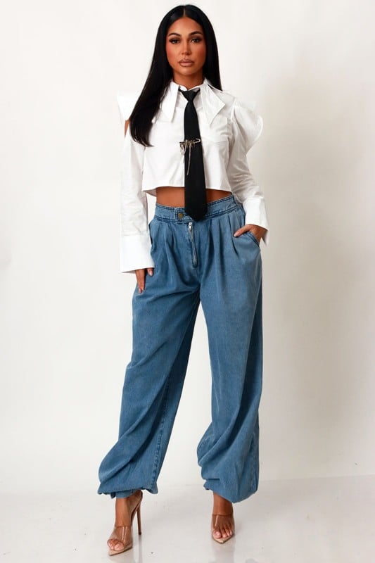 Image of Poplin Crop Shirt Top With Black Tie (white)