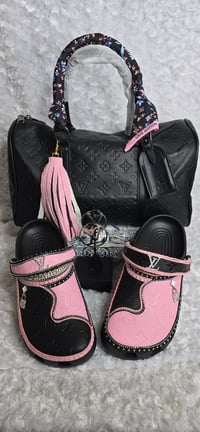 Image 3 of Size 9 Pink & Black Crocs with Speedy with custom matching tassle