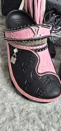Image 2 of Size 9 Pink & Black Crocs with Speedy with custom matching tassle
